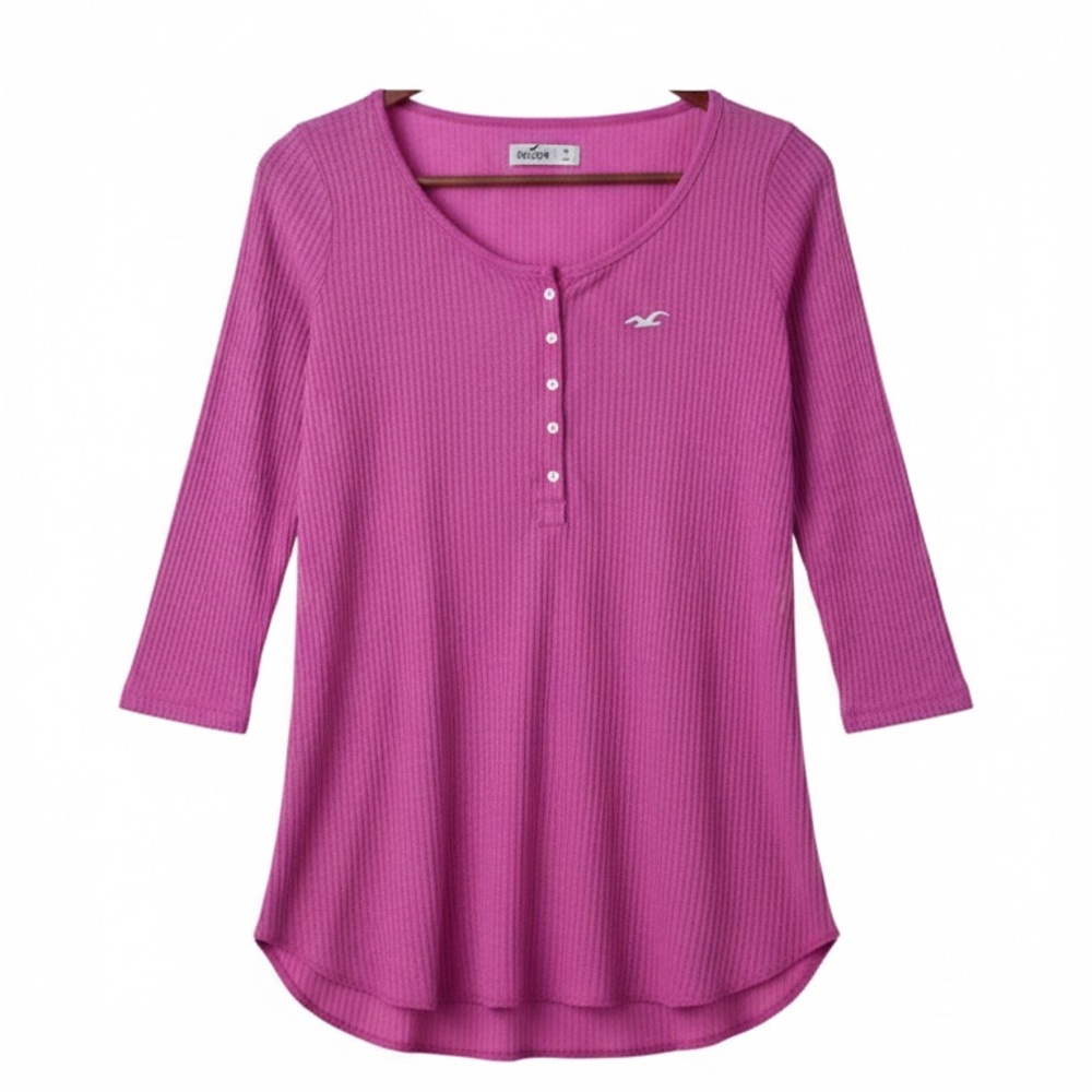 Hollister Hot Pink Ribbed Henley Top Quarter Sleeve Y2K Aesthetic Women’s Small